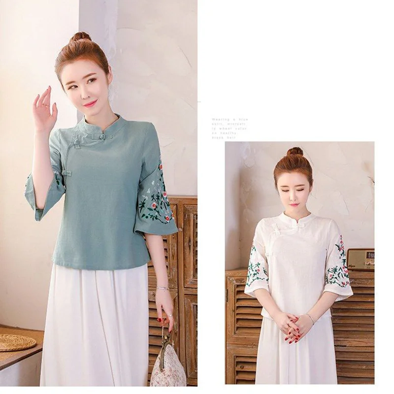 New Chinese Style Women's Shirts Stand Collar Buckle Loose National Women Blouse Top Size Chinese traditional coat woman