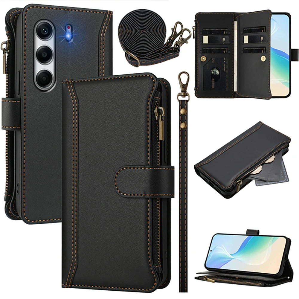 Crossbody Leather Zipper 9-Card Flip Wallet Case