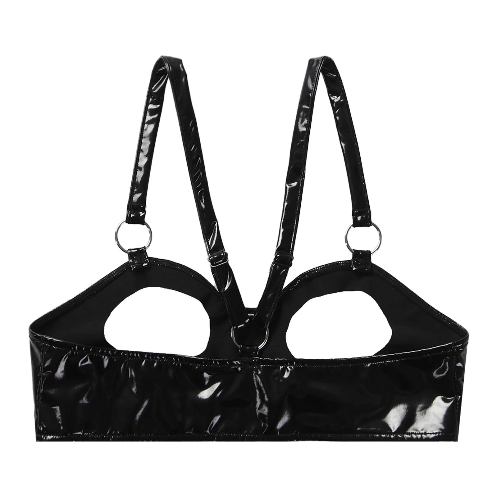 Nimiya Womens Black Wet Look Patent Leather Open Cup Bare Bras Adjustable Straps with O Ring Crop Tops Night Lingerie Underwear