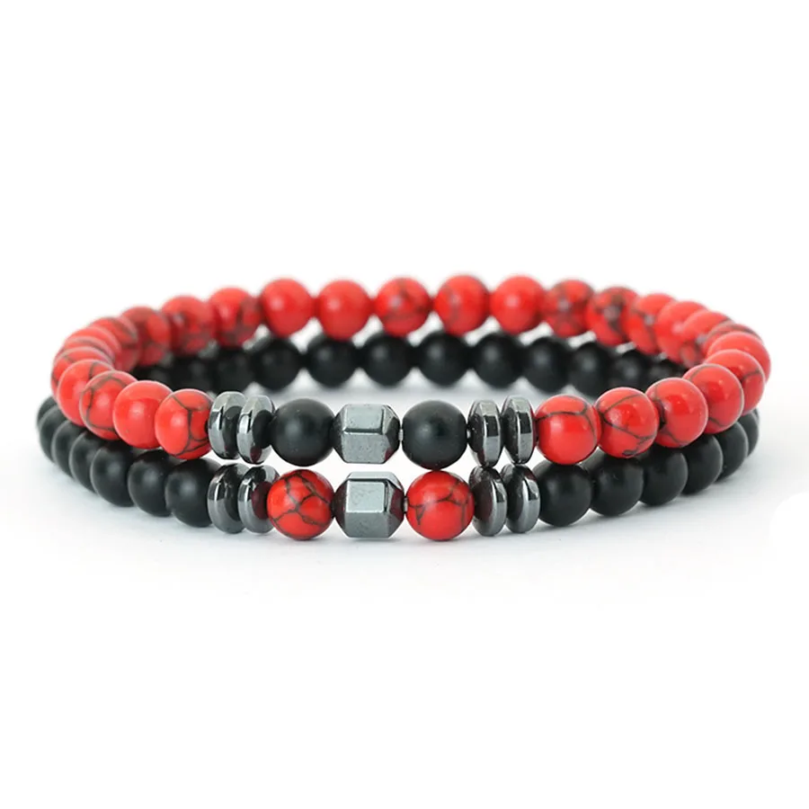 Mens Turquoise Hematite Volcanic Rock Bracelet Set