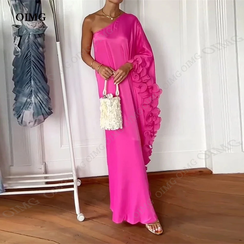 

OIMG Hot Pink Ruched Evening Dresses One Shoulder Saudi Arabric Prom Dresses 2023 For Women Prom Gowns Elegant Party Dresses