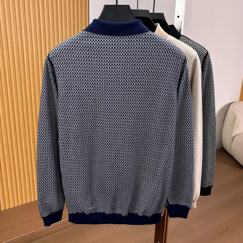 Polo a maniche lunghe da uomo 100% cotone, classico motivo pied-de-poule, abbottonatura invisibile, top casual - immagine 3