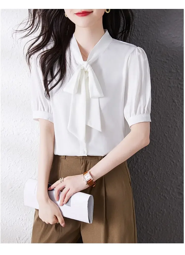 Sommer Design Sinn Schal Hals Bogen Casual Kurzarm Shirt Frauen Solide Temperament Licht und Reife Pendeln Vielseitig Top – Detail 21