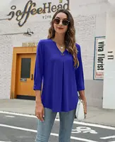 2024 Spring Autumn Women T-shirt V Neck 3/4 Sleeve Pin Decor Pleated Hem Solid Color Slim Fit Tunic T-shirt Tops Blouse - Image 6