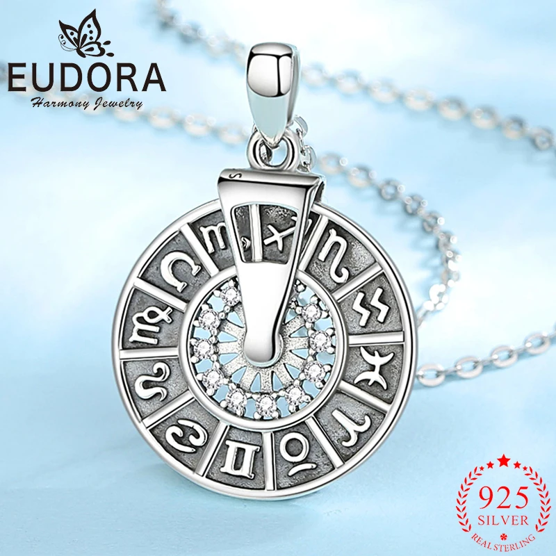 Eudora Real 925 Sterling Silver 12 Zodiac Wheel Collana Personalità Spinner Ciondolo Uomo Donna Gioielli Vintage Regalo Per Feste