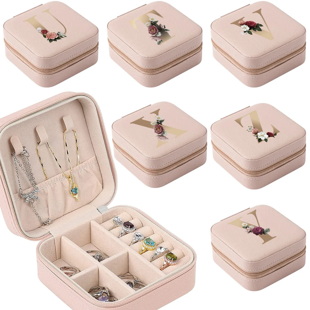 

Travel Jewelry Box Organizer PU Earring Ring Holder Jewelry Display Wedding Gift Jewelry Case Necklace Gold Letter Storage Box