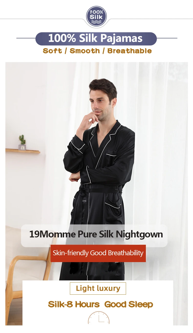 Men's 19 Momme Silk Nightgown 100 Real Silk Robes Men Pajamas Mulberry Silk Home Wear Bathrobes Nightwear Long Night Dress pajama bottoms