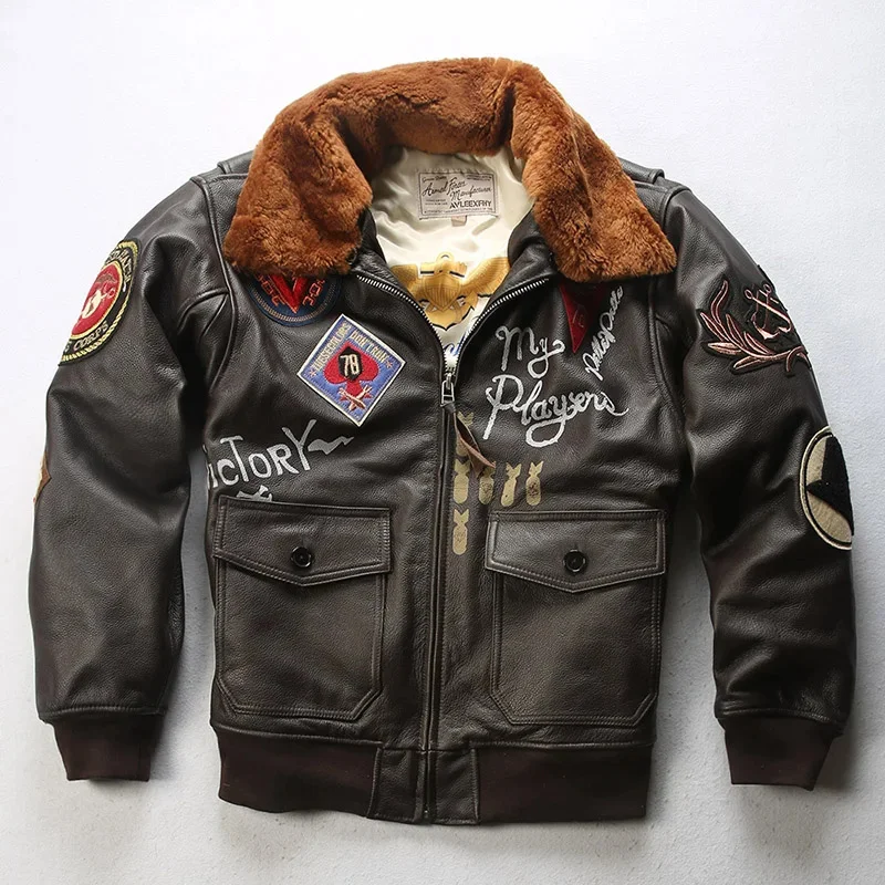 

Autumn winter season men's embroidered coat G1 bomber pilot real leather jacket lapel Bao family casual cowhide cotton clothing