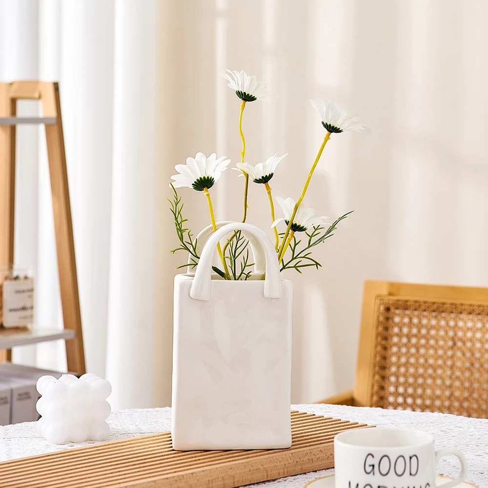Nordic Creative Shopping Basket ceramic mini Vase Bag Decoration Simple Dried Flower Arrangement Vases Table Decor mini pots Art 5