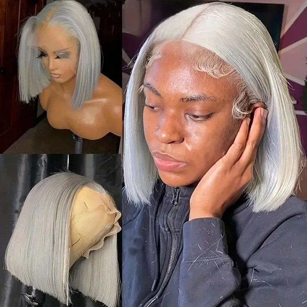 Grey Bob Human Hair Wigs Lace Front Silver Grey 13X4 Lace Frontal Bob Wig Pix Cut Straight Colored Human Hair Wigs 200% Density