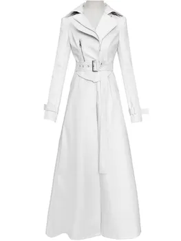 Mauroicardi Spring Autumn White Fitted Long Pu Leather Coat Women Zipper Belt Elegant Chic Luxury Designer Fake 2 Clothes 2024 1