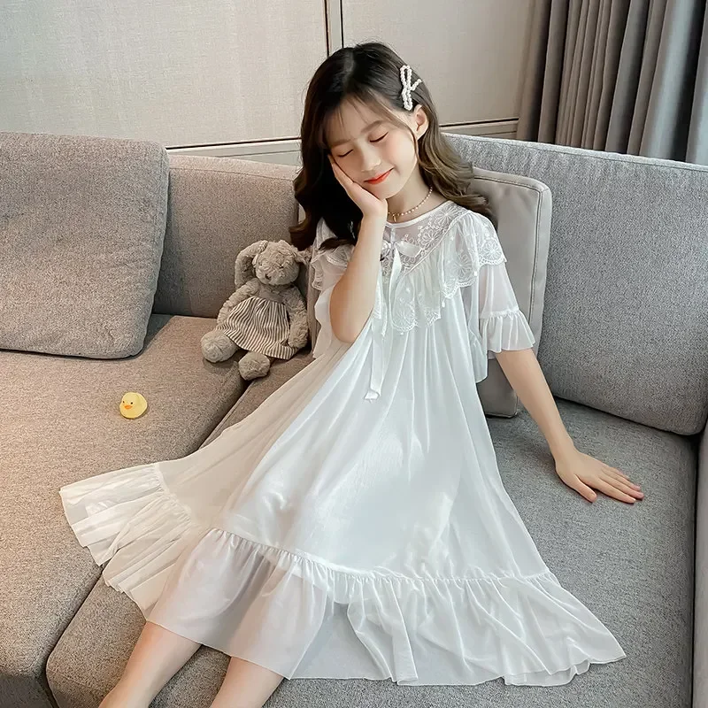 어린이 여름 공주 잠옷 수면 원피스, 여아 잠옷, 반팔 레이스 칼라 디자인,  홈웨어 잠옷