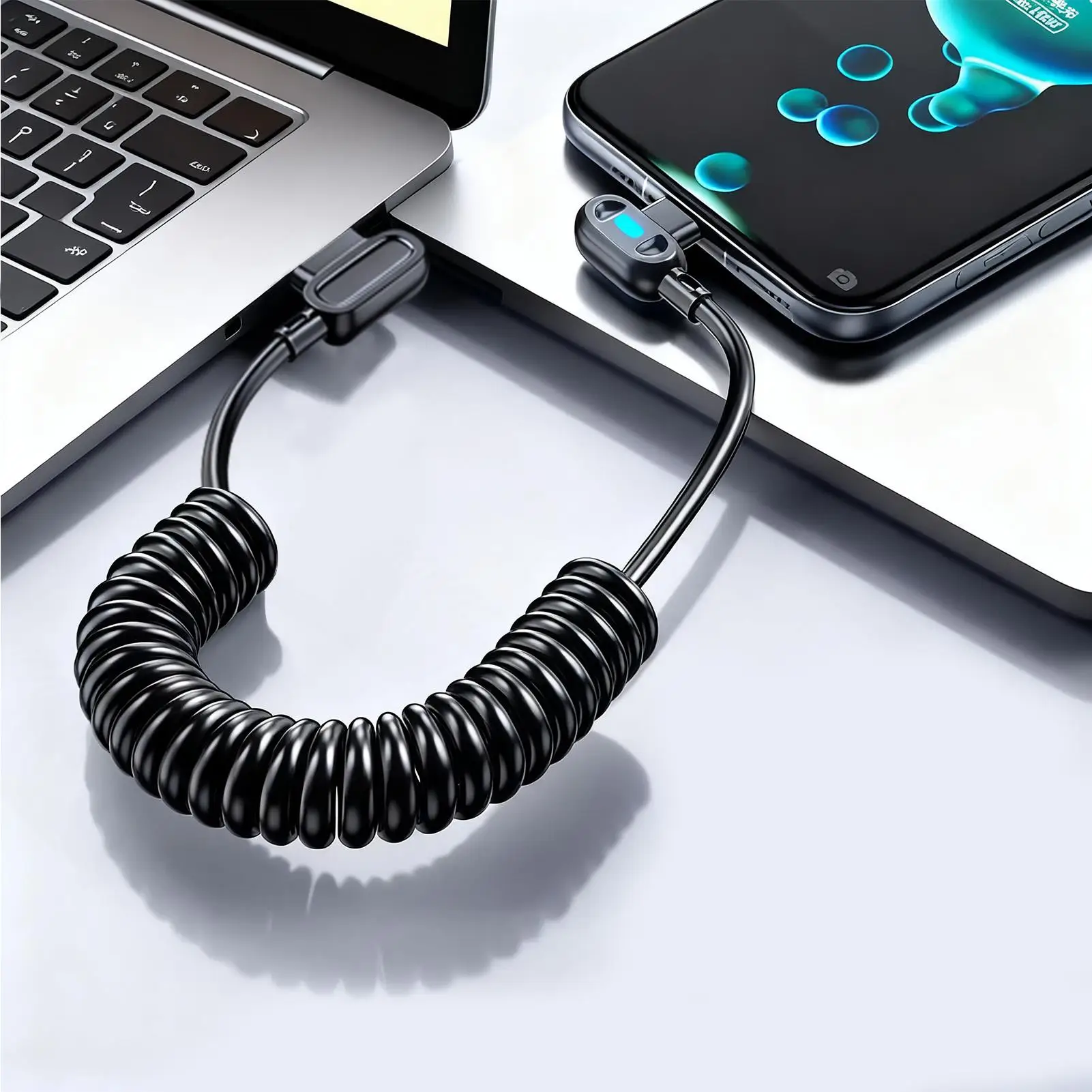 Car-mounted double-bend spring super-fast charging data cable/phone charging cable with light-up function Retractable TypeC Cord