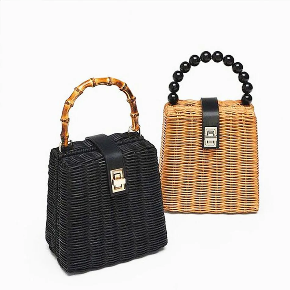 Black Straw Handbag With Bamboo Handles. Wicker Purse Cross