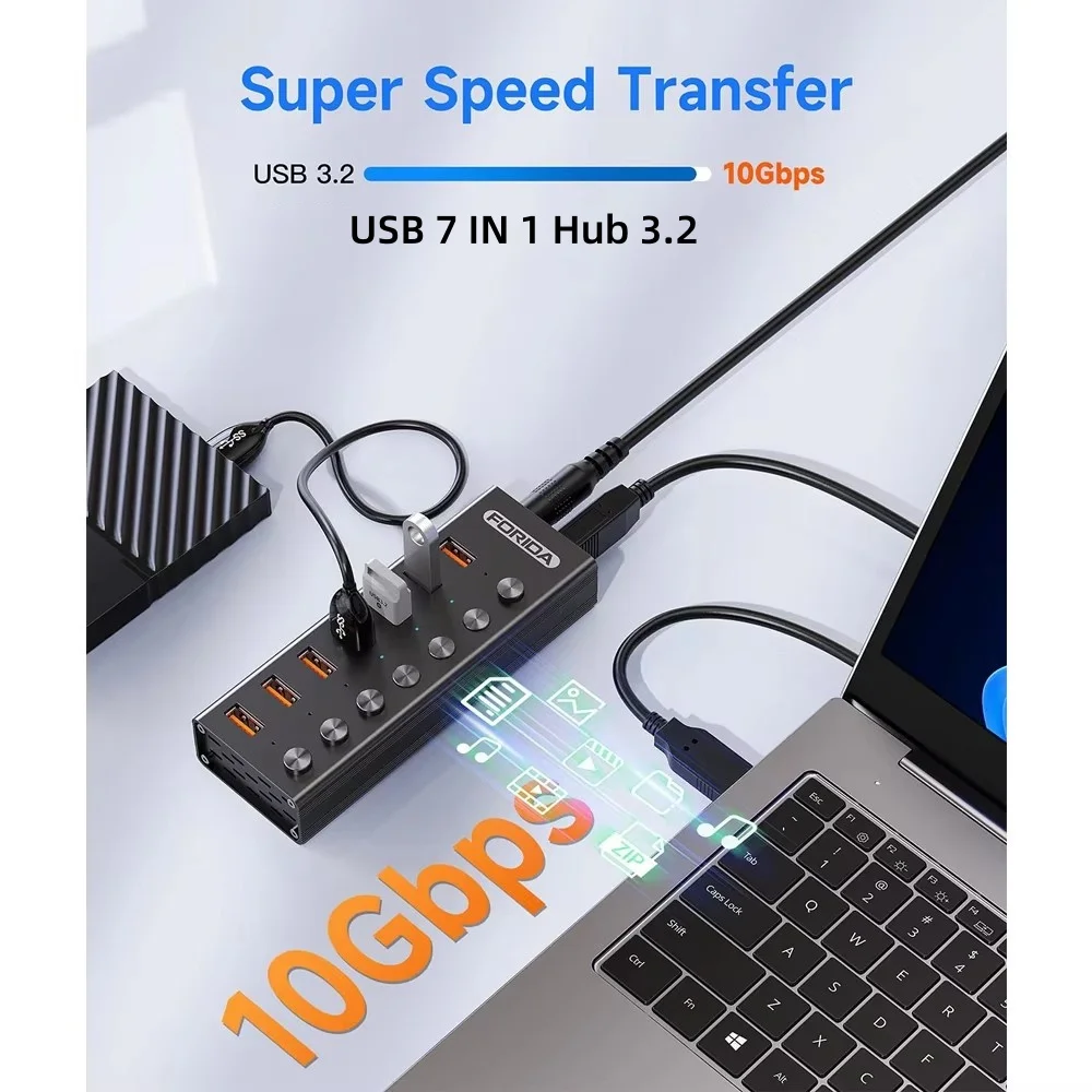 FORIDA 7 Port USB A Docking Stations 10Gbps Power USB 3.2 Hub Splitter On/Off Switch Adapter for Laptop PC Flash Drive Phone 2
