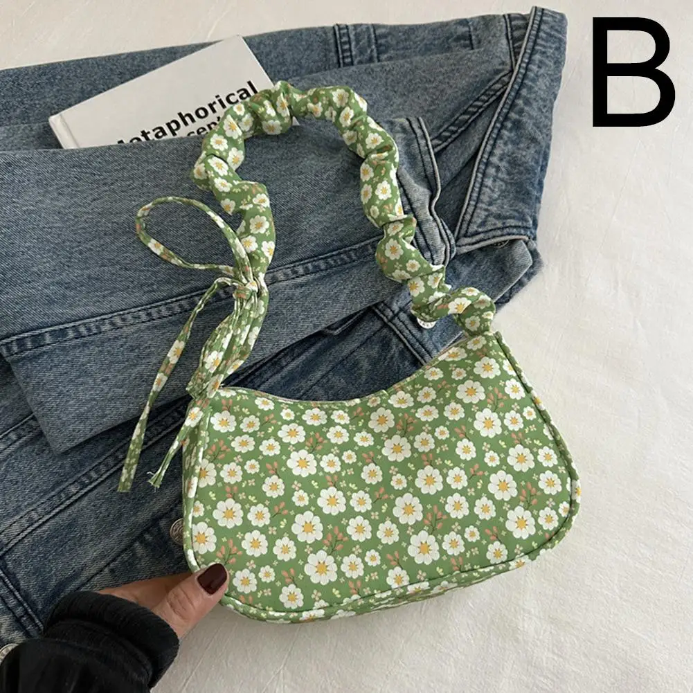 Women Small Corduroy Handbag Cute Pleated Shoulder Underarm Half Design Tote Bag Purse Moon Flower Purse Bag Print Little D7D9
