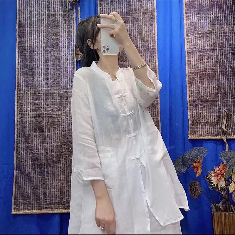 

Рубашка женская из хлопка и льна, длинный тонкий Свободный кардиган в китайском стиле, с воротником-стойкой и пряжкой, литературный стиль, весна-лето