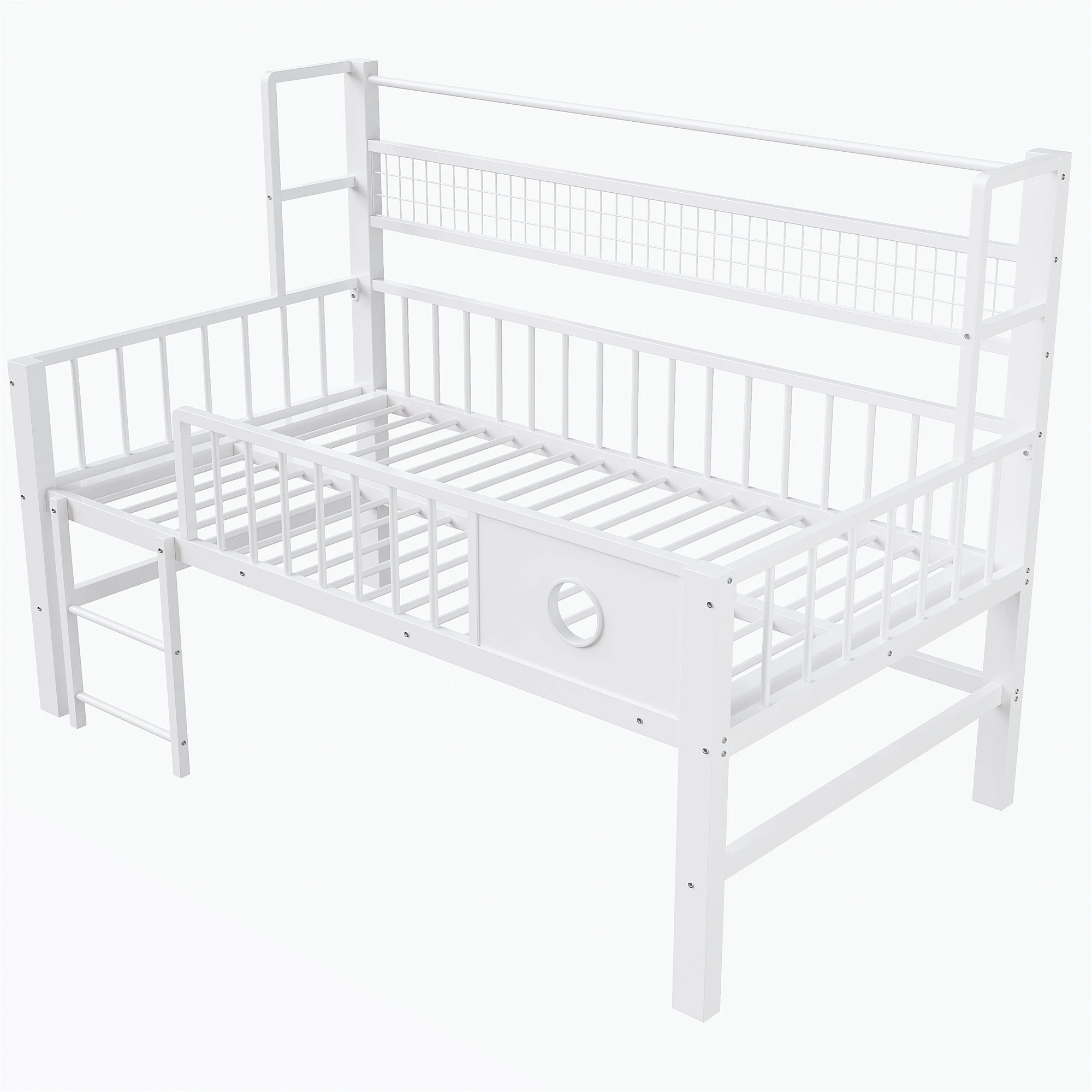 Kinderbett 90*200cm, niedriges Hochbett mit Metallrahmen und Staufächern, geeignet für Kinder und Jugendliche. Weiß – Detail 8