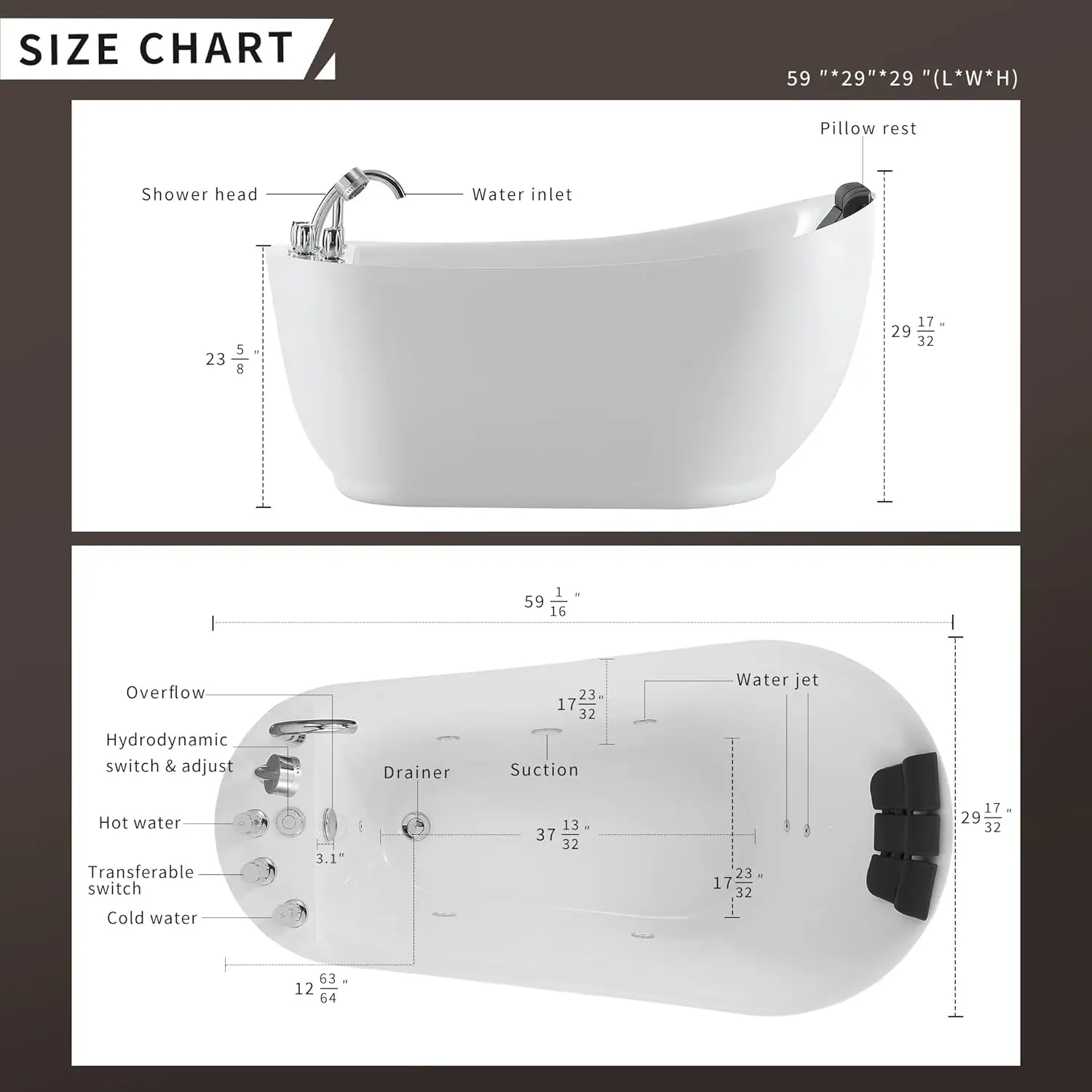 59-Inch Freestanding Whirlpool Bathtub with Hydromassage Water Jets Luxury Acrylic Massage SPA Soaking Bath Tub in White