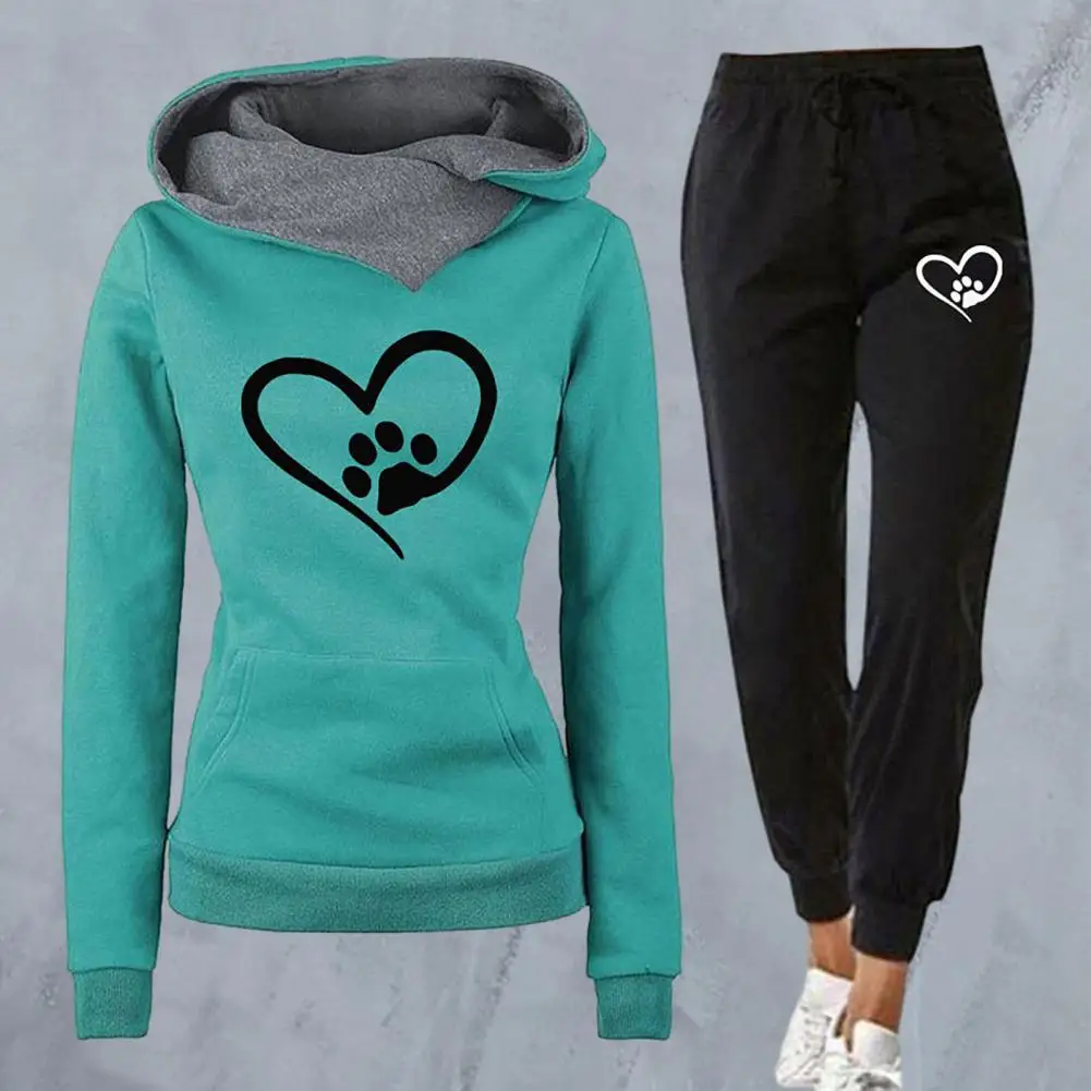 

2Pcs/Set Women Autumn Heart Print Sport Outfit Hooded Long Sleeve Pocket Sweatshirt Tops Elastic Waist Jogger Pants Tracksuit