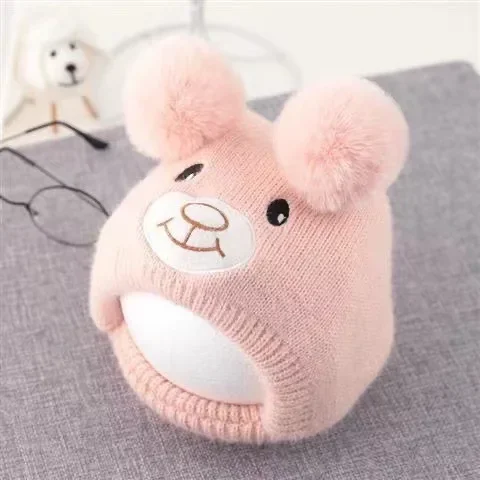 Pompoms Cartoon Outdoor Knit Wool Bomber Hats Baby Autumn Winter Thick Warm Hats Caps for Newborn Infant Toddler