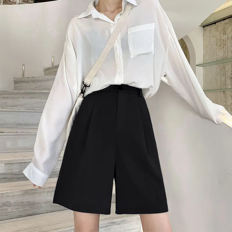 Spring Summer Women's High Waisted Button Solid Pockets Casual Suit Sports Formal Trousers Preppy Style High Street Shorts