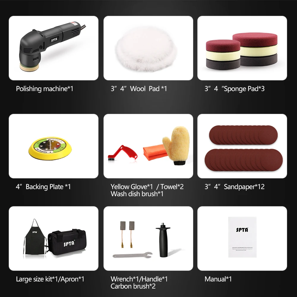 SPTA 3" 75mm Electric Mini Car Polisher 780W Random Orbit Dual Action Polishing Waxing Machine with Sponge ing Pads