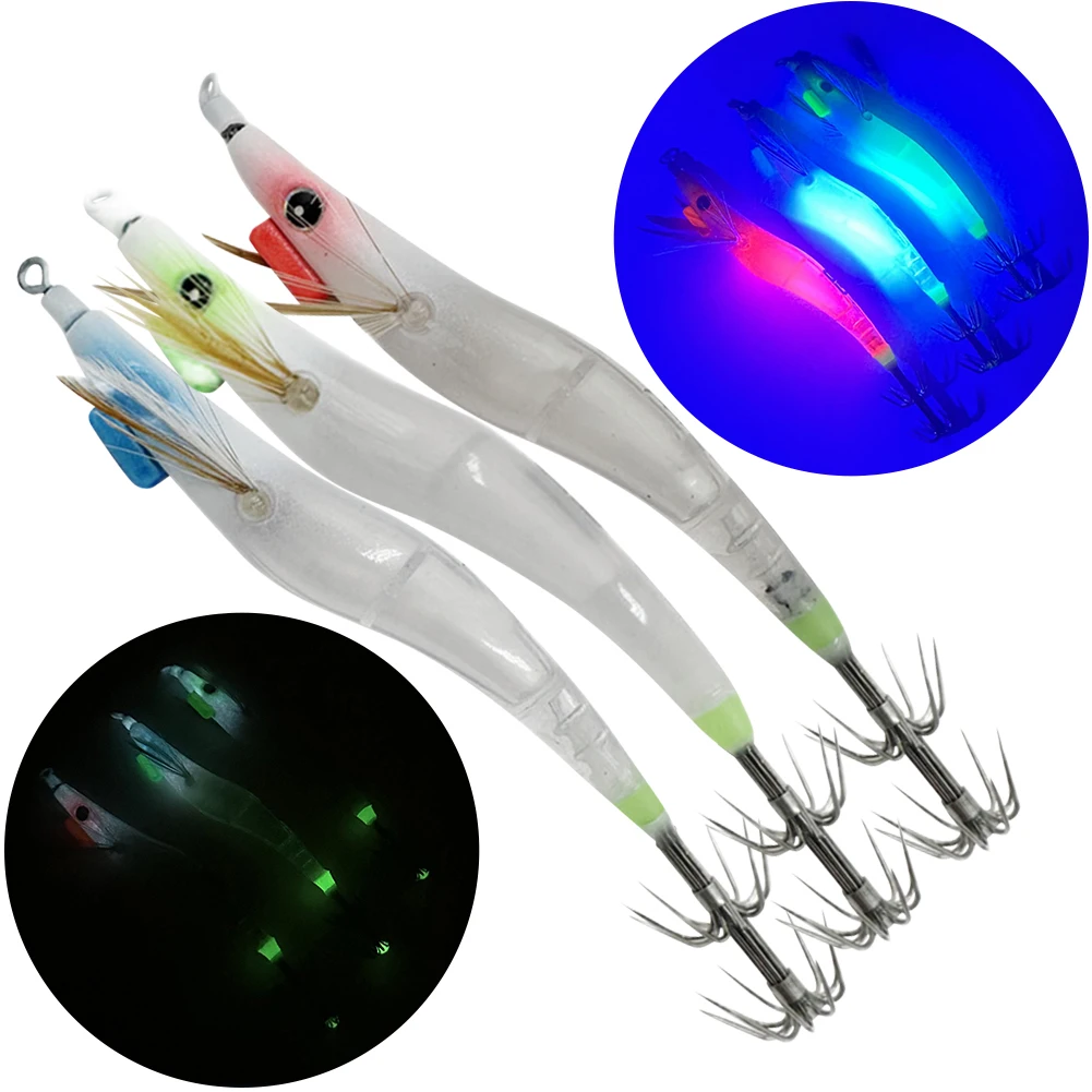 Fishing Lure Luminous Hard Shrimp Bait Simulation with Squid Jig Hook UV Wood Egi for Octopus Cuttlefish