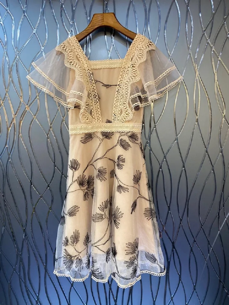 

Slim Fit & flare Dress 2022 Summer Fashion Ladies Sexy Tulle Mesh Embroidery Patchwork Causual White Khaki Black Dress Vestidos