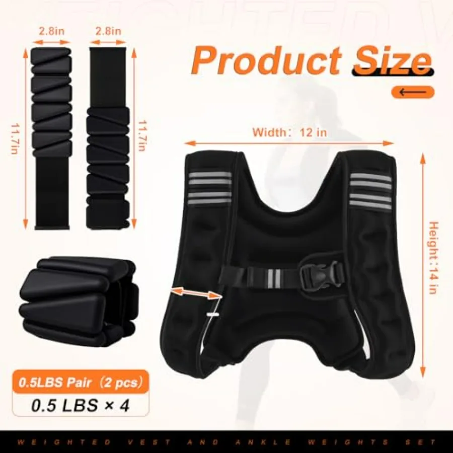 Weighted Vest, 6 lb Weight Vest with Reflective Stripe, 2 Pair of 1 lb Wrist & Ankle Weights Set for Men Women Adjustable for Wo