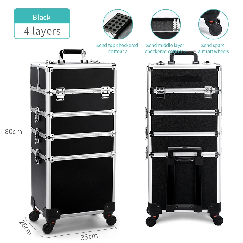 Mecucasi Make-up Trolley Mit Rollen – Aluminium-Kosmetikkoffer, 4 Schubladen, Groß, Schwarz, Für Salon & Reisen
