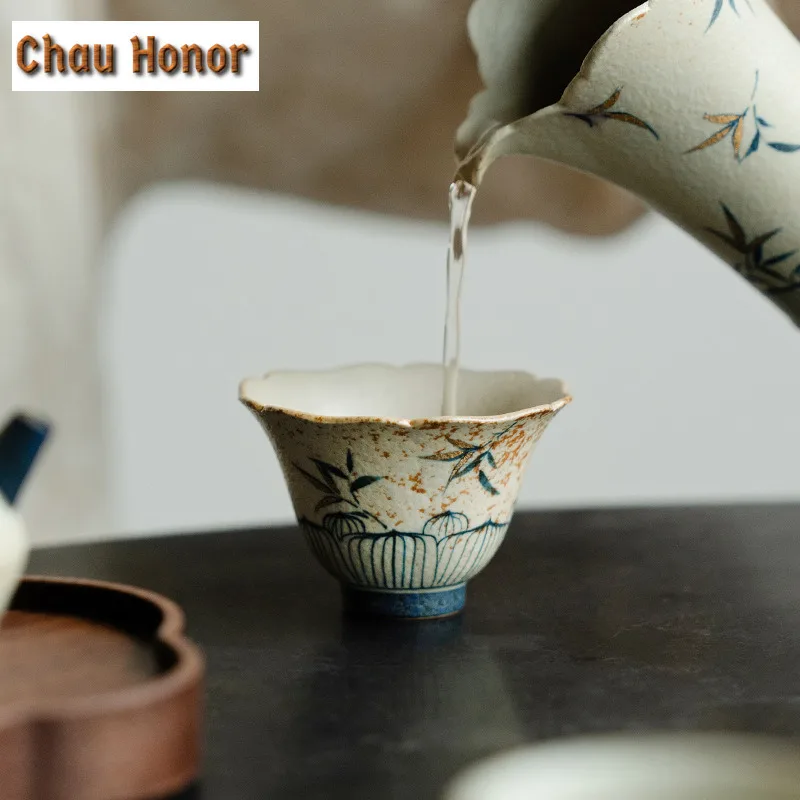 60ml Handmade Gold Drawing Bamboo Ceramic Teacup Blue And White Flint Red Host Cup Personal Beautiful Mug Meditation Tea Bowl
