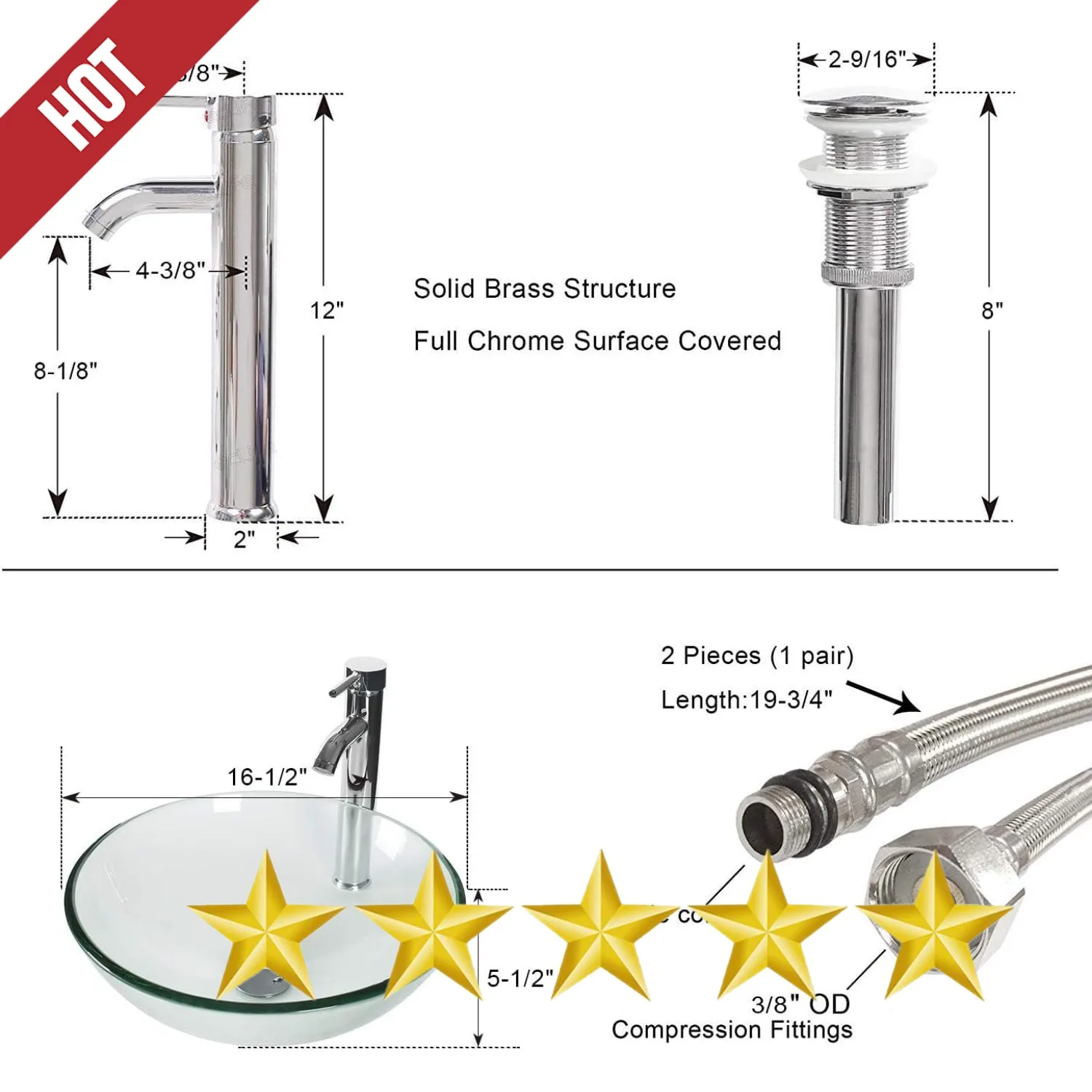 16.5" Bathroom Vessel Sink Clear Round Tempered Glass Basin Countertop Bowl Sink , W/Chrome Faucet Pop Up Drain 4