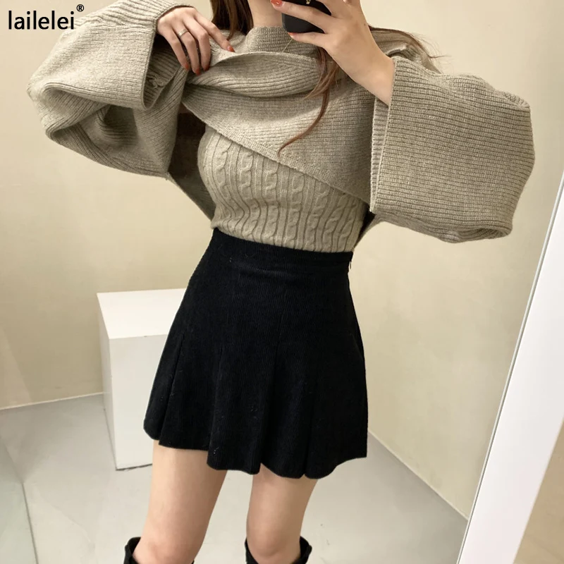 

Two piece knitted sweater Set short pullover vest + bat sleeve sweaters cloak 2pc sets Korean style woolen ladies elegant Top