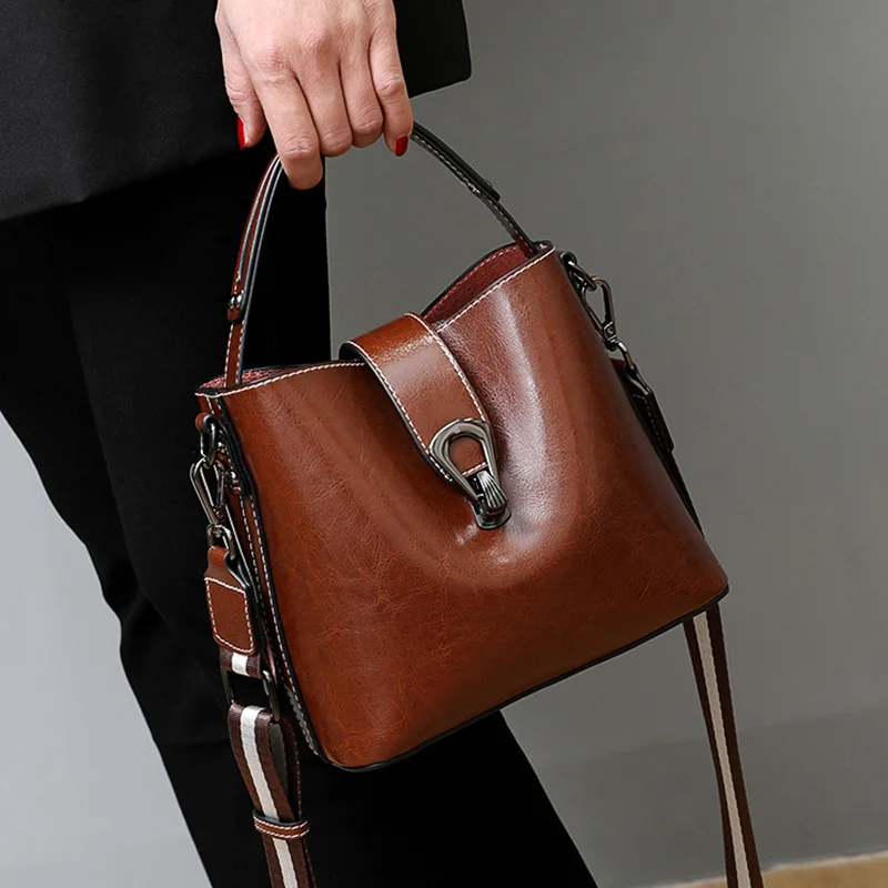 Real-Oil-Wax-Leather-Women-s-Bucket-Bag-Casual-and-Simple-Handbag-Large ...