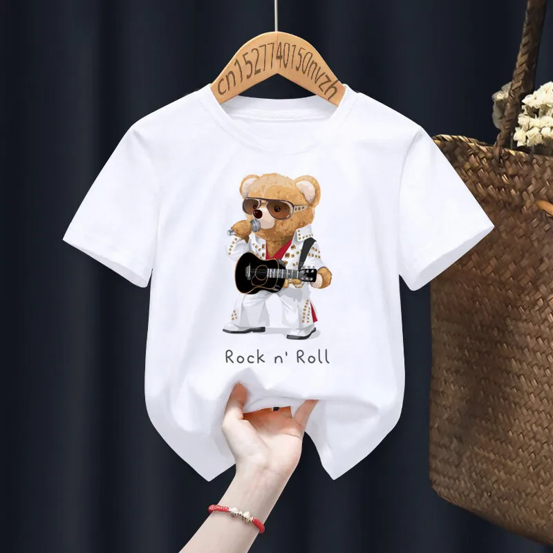 Rock Music Bear Hip-Hop Print Boy Girl T-Shirt Bianca Kid Summer Harajuku Kawaii Funny Clothes Little Baby Y2K Clothes,Drop Ship