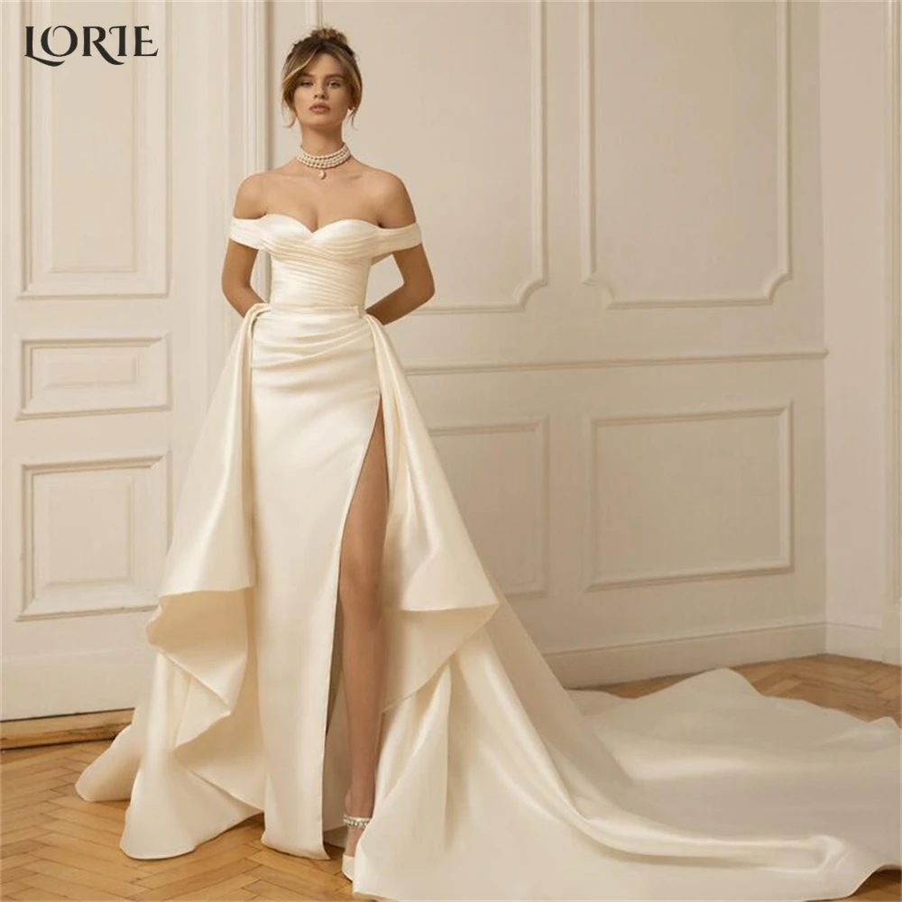 

LORIE Vintage Satin Mermaid Wedding Dresses Pleated Sleeveless Off Shoulder Sweetheart Bridal Gowns High Side Slit Bride Dress