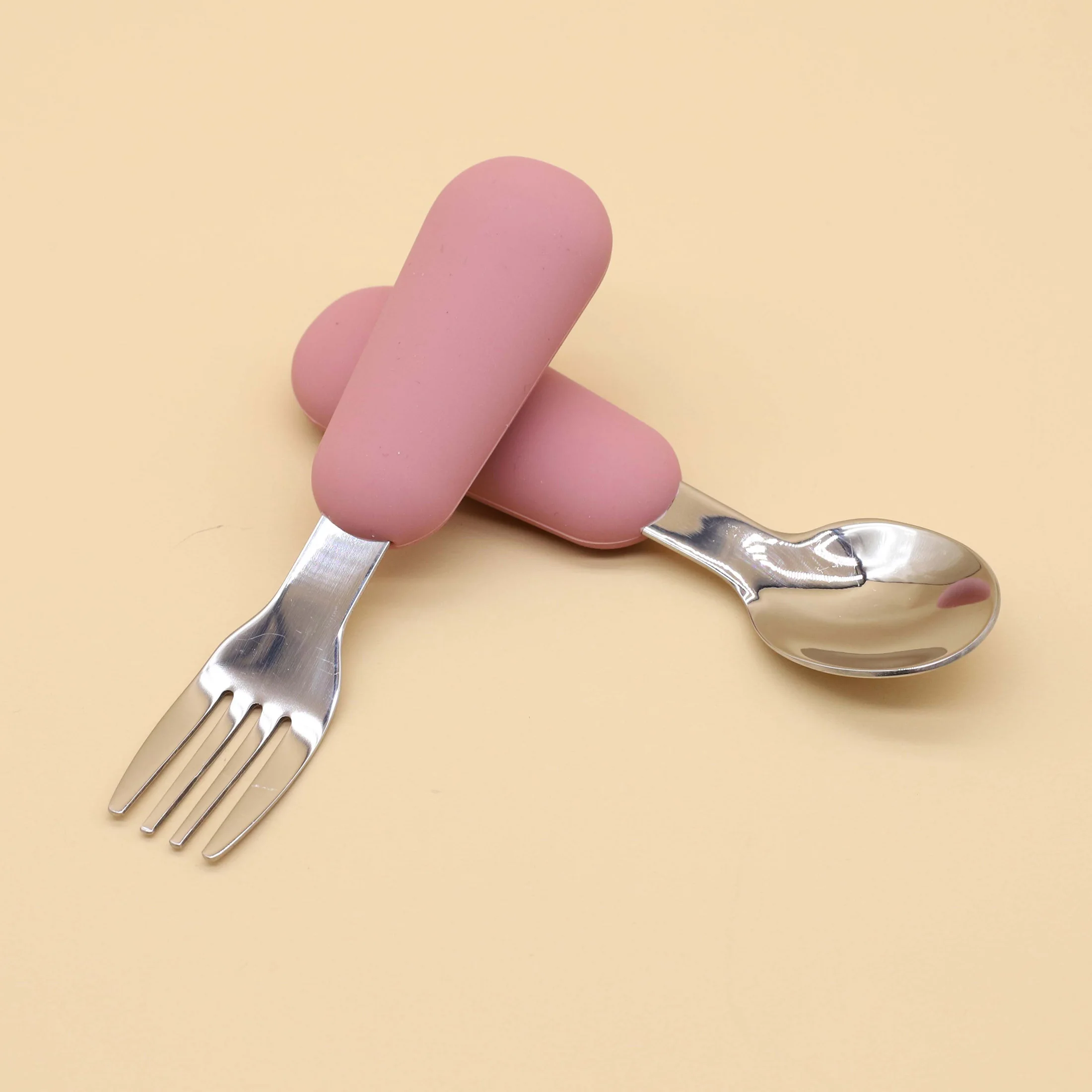 Silicone stainless steel spoon fork food grade 304 stainless steel easy to grip silicone handle baby food feeding spoon fork 4