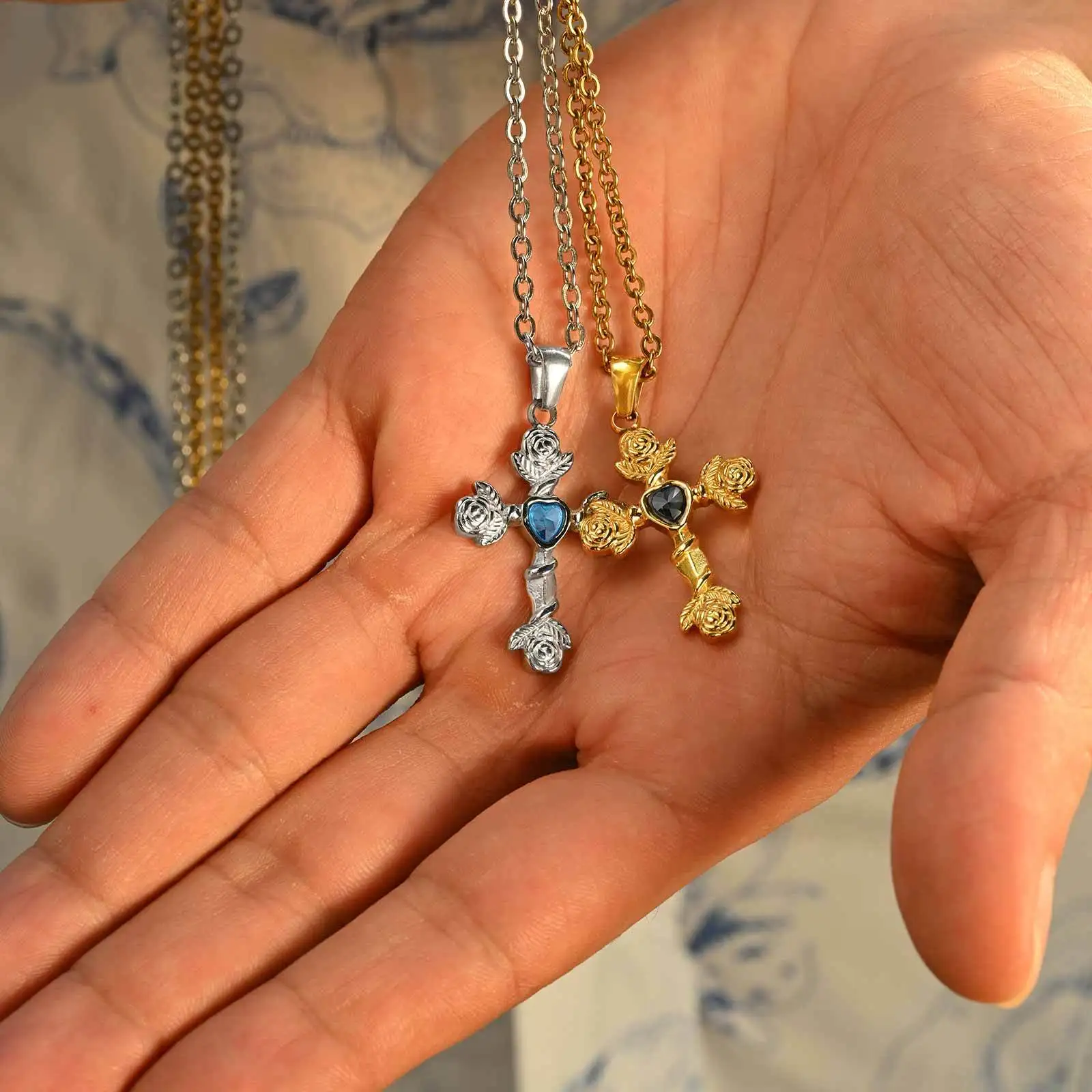 Gothic Rose Cross Necklace for Men Boys,Stainless Steel Blue Black Heart Zircon Pendant,Birthday Party Gift