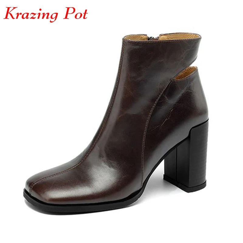 

Krazing Pot Cow Leather Square Toe Winter Warm Modern Boots Thick High Heels Zipper Superstar Dating Party Sexy Lady Ankle Boots