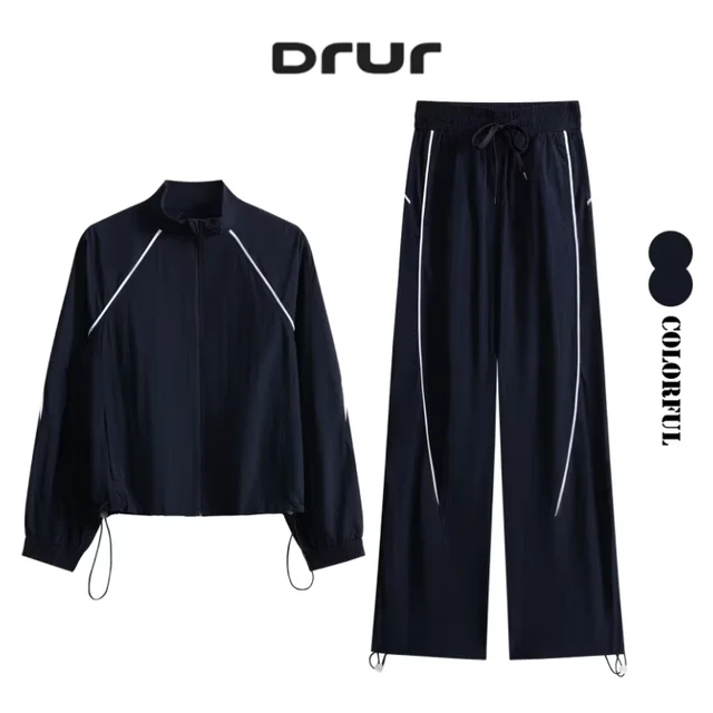 DRUR – ensemble pantalon de sport pour femmes, avec veste de gymnastique zippée et pantalon de survêtement à jambes larges rayé contrasté, tenue pour course à pied, survêtement de Yoga 1