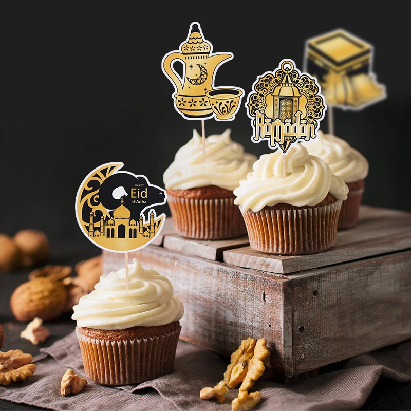 12/36Pcs Eid Mubarak Cupcake Topper Moon Star Mosque Cake Dessert DIY Decoration Islamic Muslim Party Baking Tool Ramadan 2025