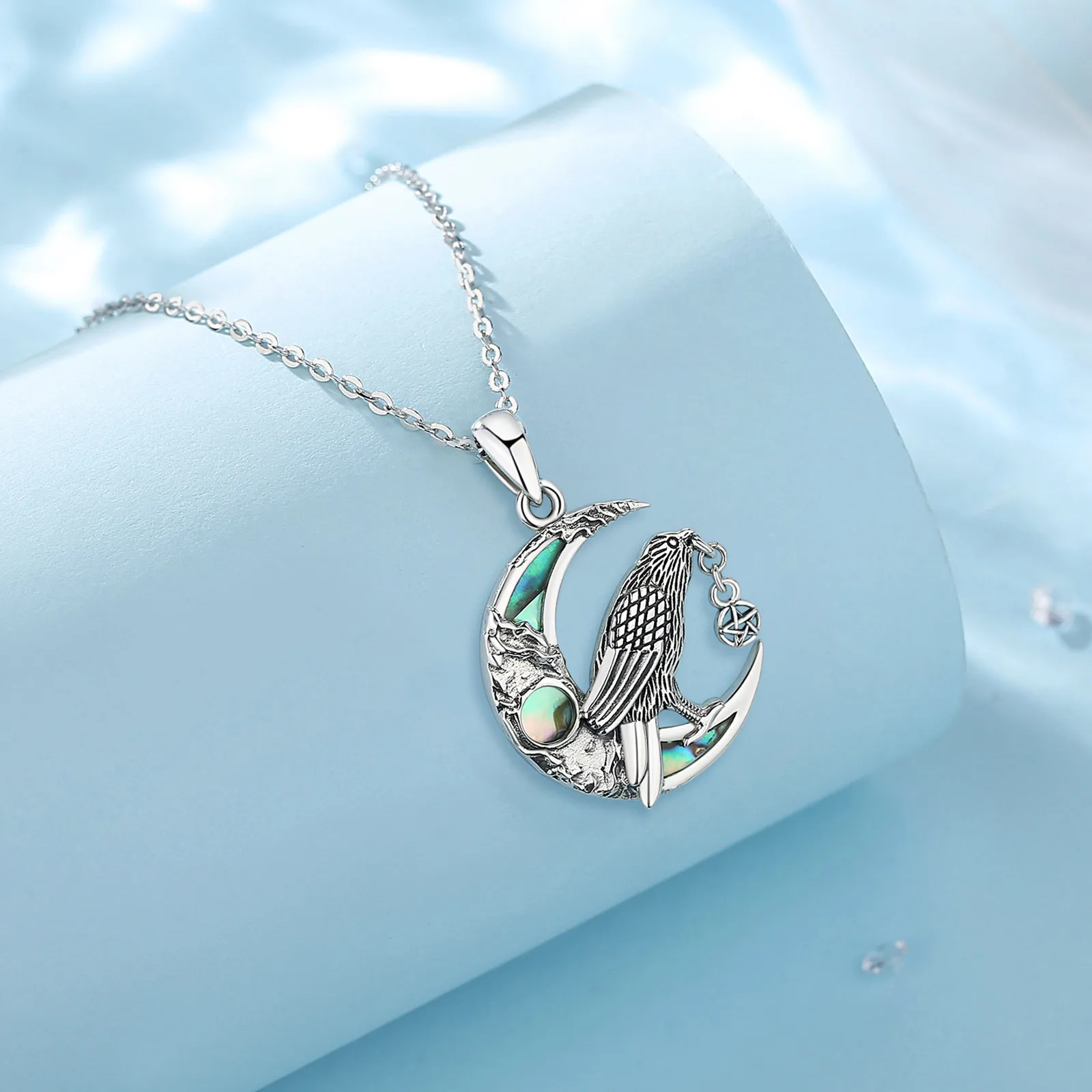 Eudora 925 Sterling Silver Viking Raven Moon Necklace for