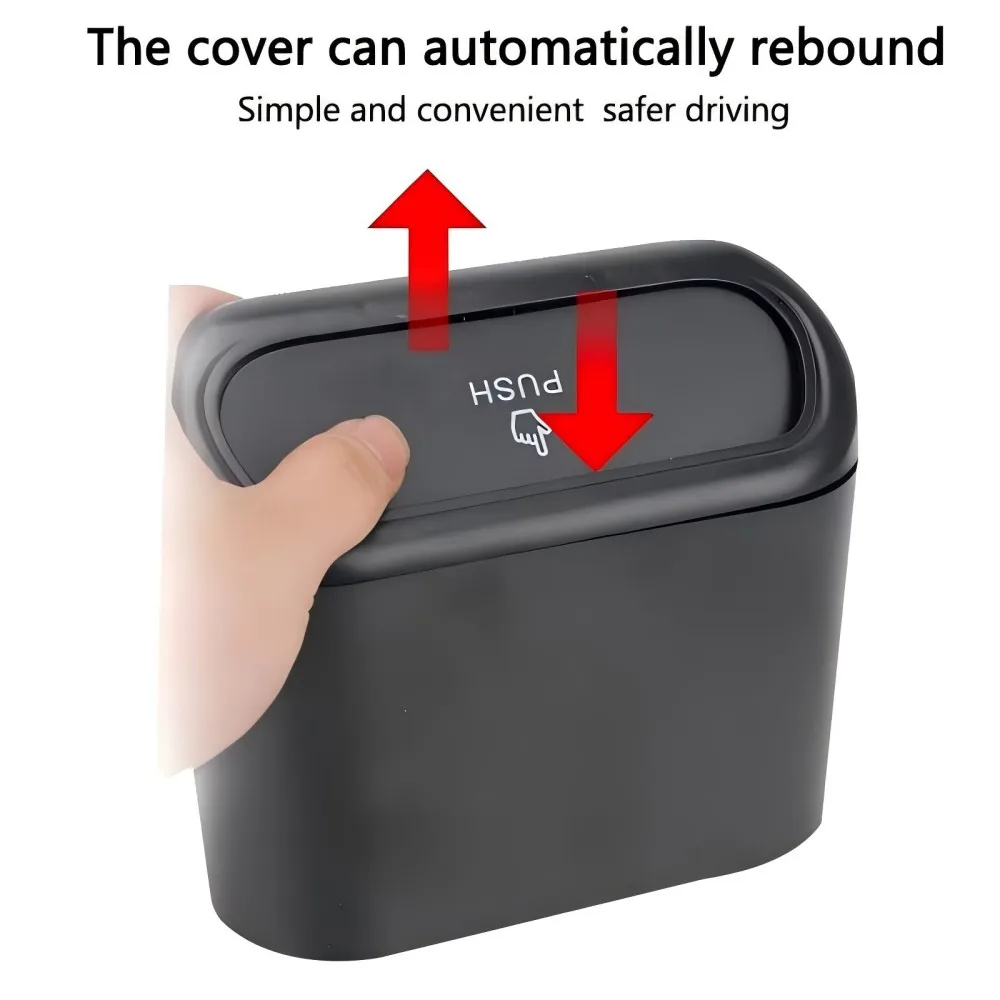 Black ABS Car Trash Can with Lid for Vehicle Storage
