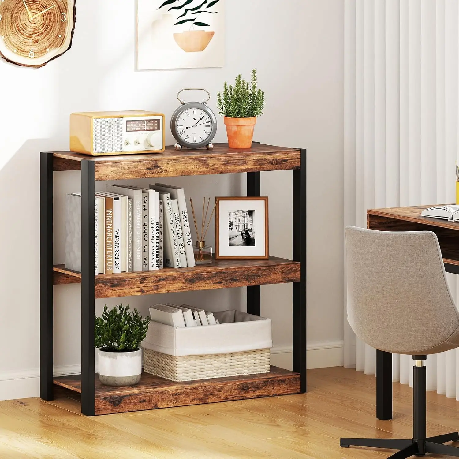 3 Tier Bookshelf, Freestanding Wooden Bookcase with Dual Anti-Tipping Kits, Open Display Rack Shelving Unit, Storage Organizer