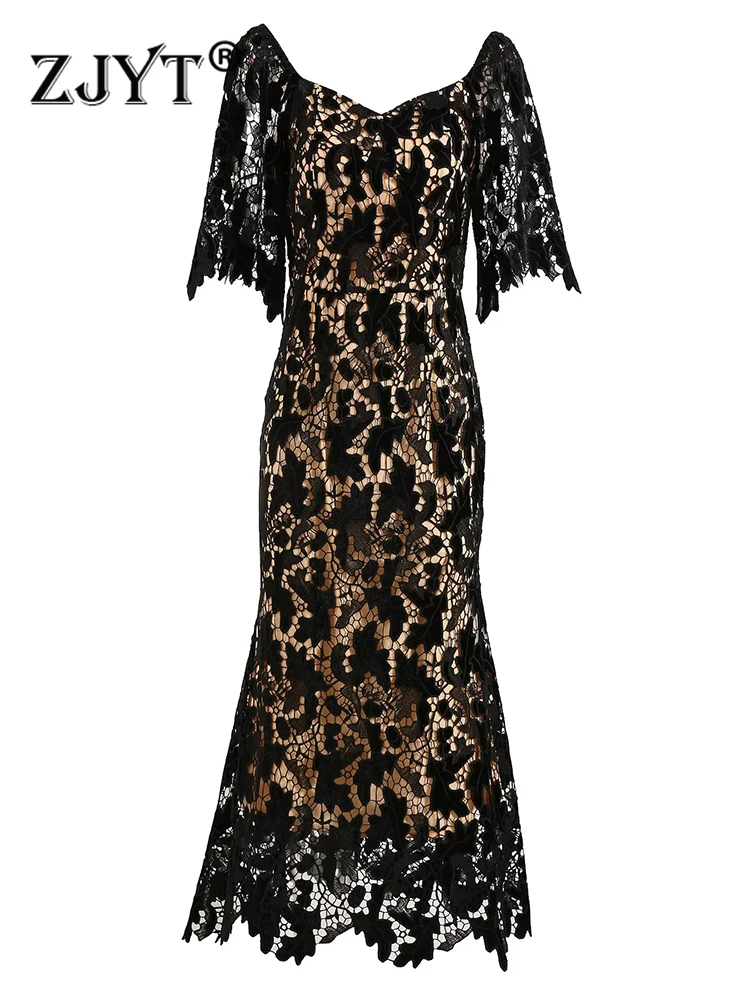 

ZJYT Runway Designer Hollow Out Black Lace Dresses for Party Formal Occasion Trumpet Sexy Vestidos 2024 Summer Short Sleeve Midi
