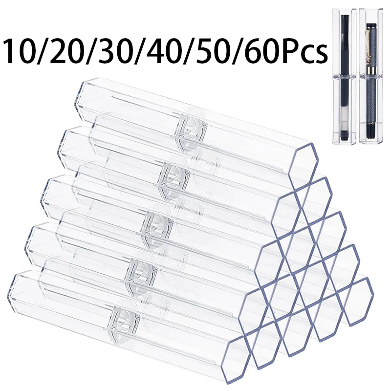 10-60Pcs Transparent Pen Box Hexagonal Pen Case Acrylic Display Box for School Office Clear Plastic Case