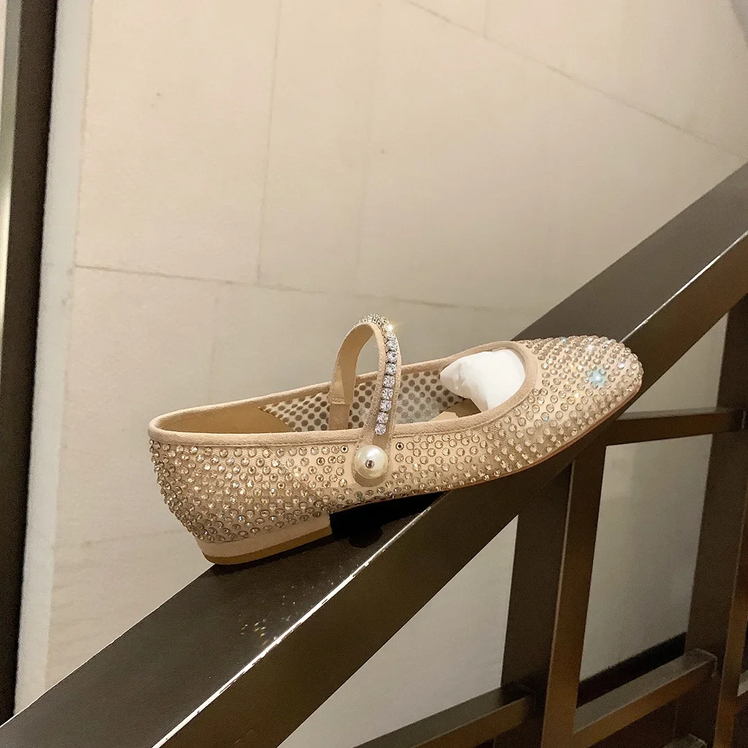 2025 Summer New Full Diamond Retro French Square Headed Mary Jane Women's Shoes Shallow Mouth Pearl Flat Bottom Grandma's Shoes 2