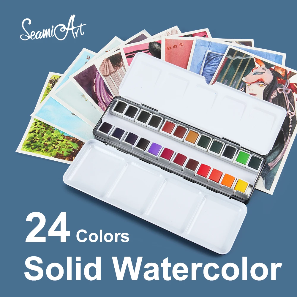 SeamiArt 24Color Artist Grade Professional Watercolors Paint Set with 1pc Portable Metal Box for Drawing Watercolor Art Supplies
