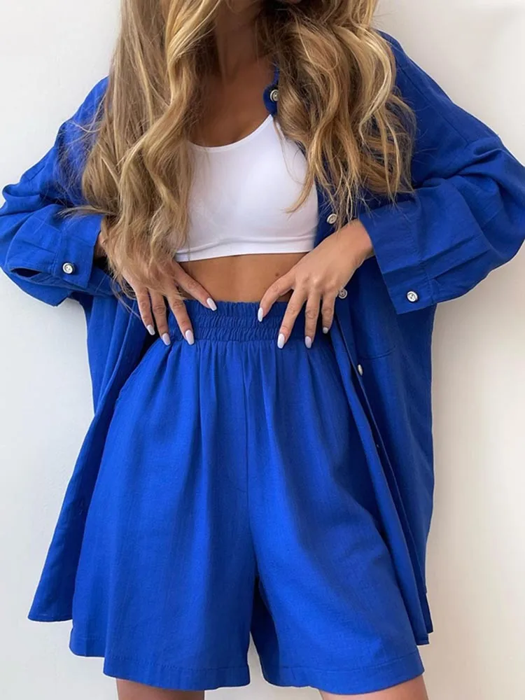SummerWomensSuitShirtandShortSetsSolidColorCasualCottonandLinenBlouseand.jpg